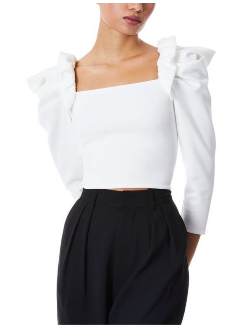 ALICE + OLIVIA GENNY White Ruffle-Sleeve Square Neck Crop Top ❤️❤️